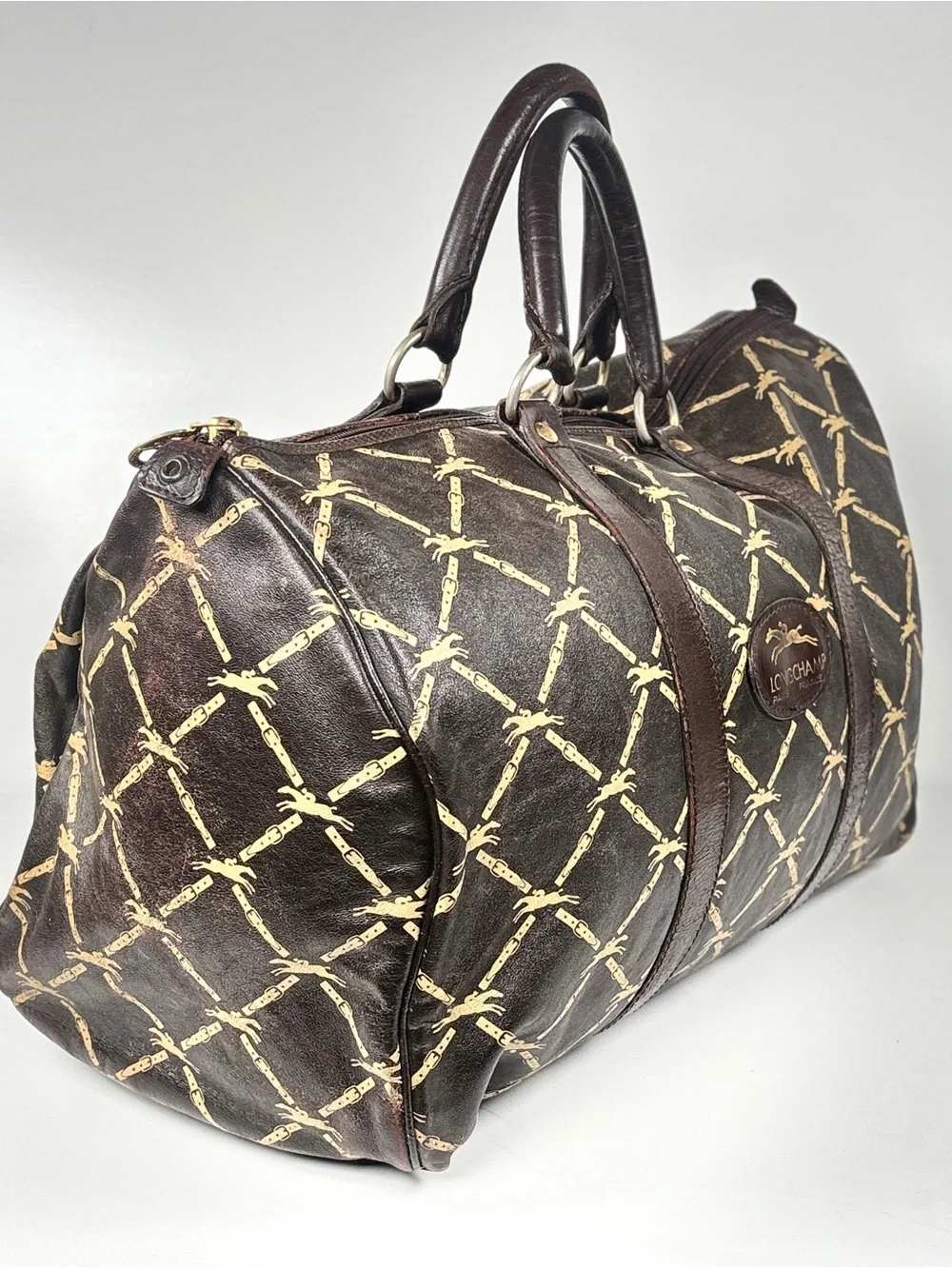Longchamp Brown and Gold Patterned Duffel Bag